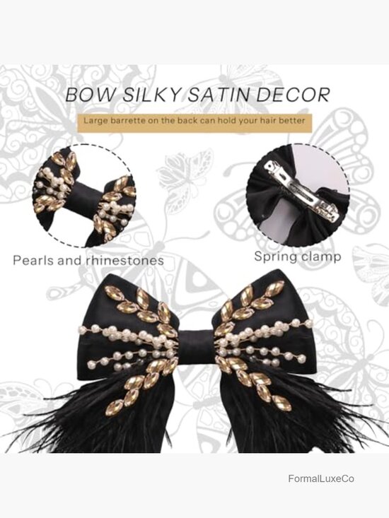 Large Satin Feather Hair Bow Clip with Pearl Crystal, French Barrette Claw Clip